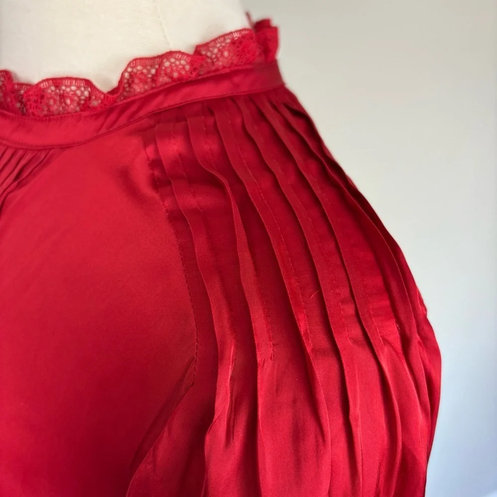 J. Crew Ruffle Neck Drapey Top NWT Size XL Red Satin Puff Sleeves Holidays Party